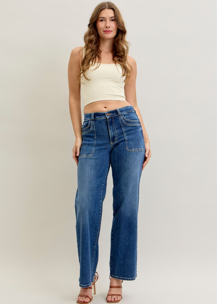 Judy Blue Mid Rise 90's Front Patch Double Pocket Straight Denim Jeans 82680 - Sleekdenim.com