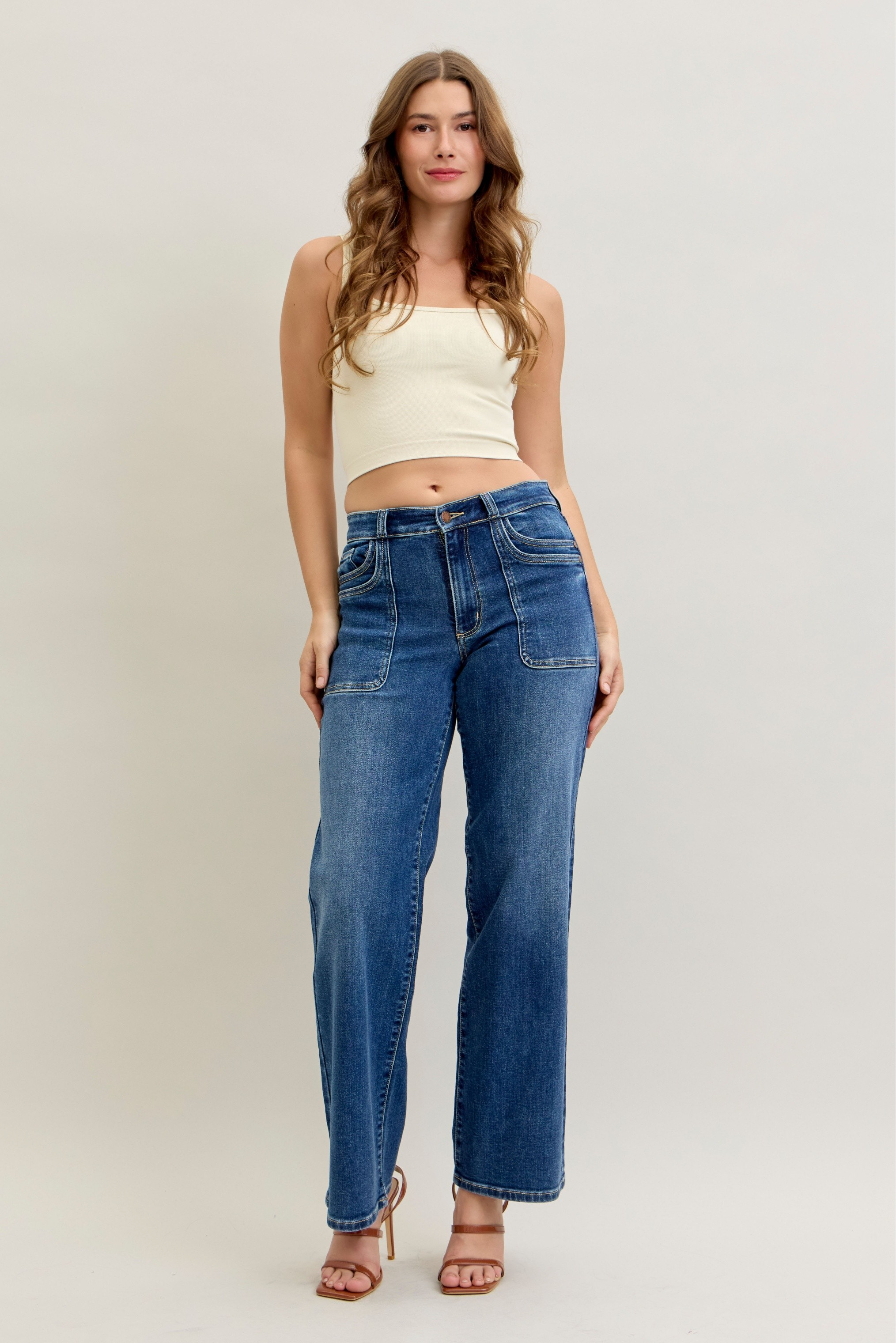 Judy Blue Mid Rise 90's Front Patch Double Pocket Straight Denim Jeans 82680 - Sleekdenim.com
