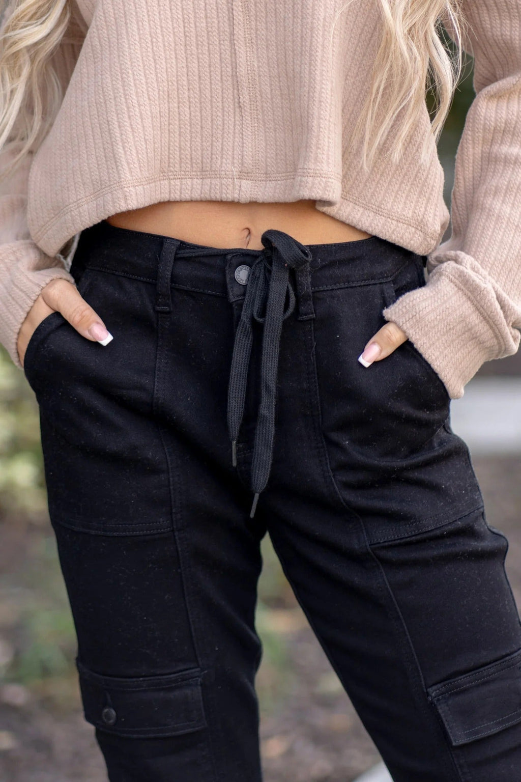 Judy Blue High Waist Cargo Cuff Black Jogger Denim Jeans 88910– sleekdenim.com | Sleekdenim.com