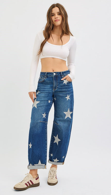 RISEN Mid Rise Ankle Length Relaxed Barrel Star Printed Jeans PGA21371