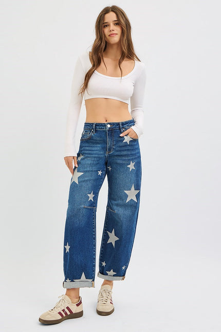 RISEN Mid Rise Ankle Length Relaxed Barrel Star Printed Jeans PGA21371
