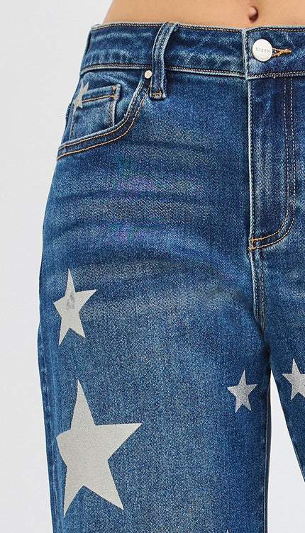 RISEN Mid Rise Ankle Length Relaxed Barrel Star Printed Jeans PGA21371