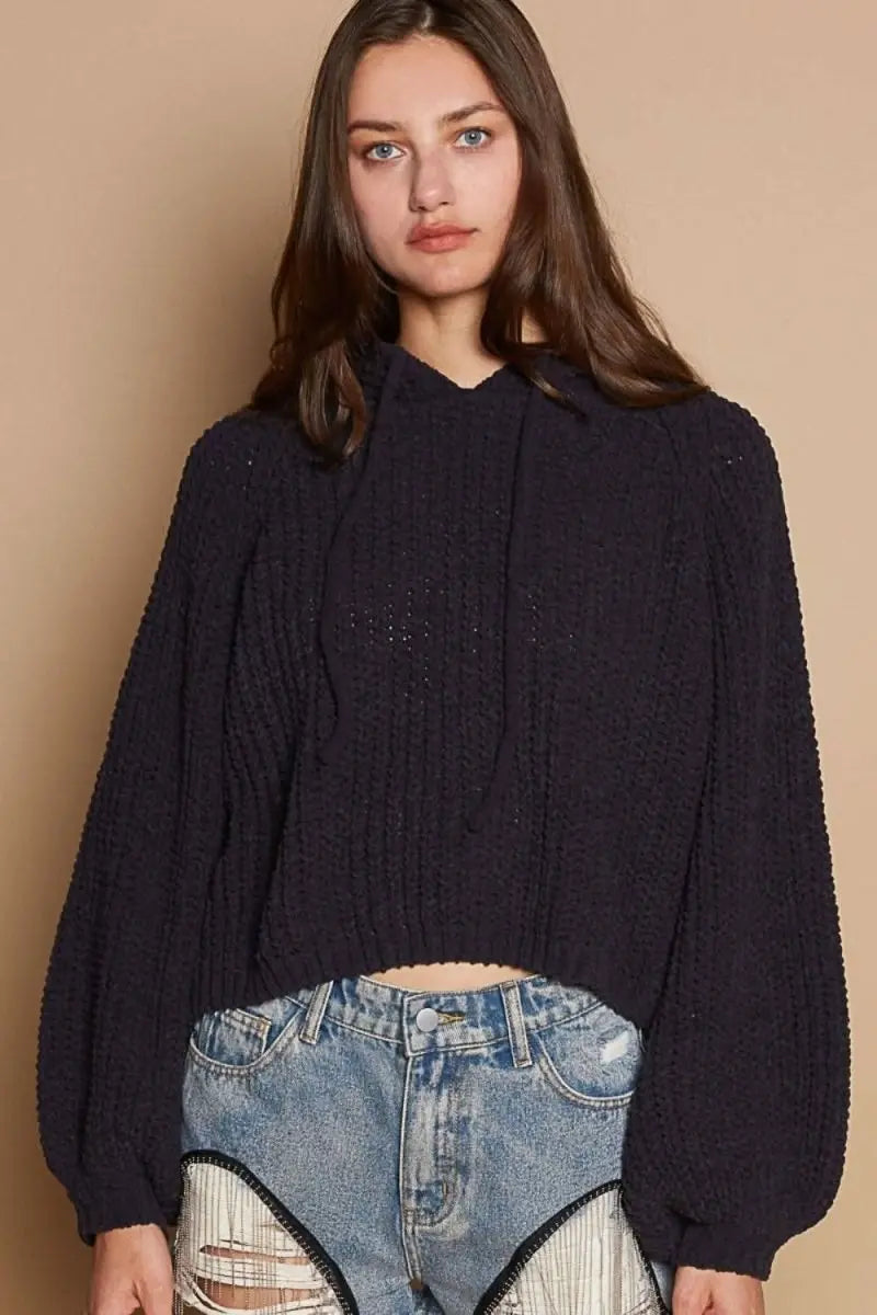 POL Back Open Slit Balloon Sleeve Crop Hooded Sweater - Sleekdenim.com