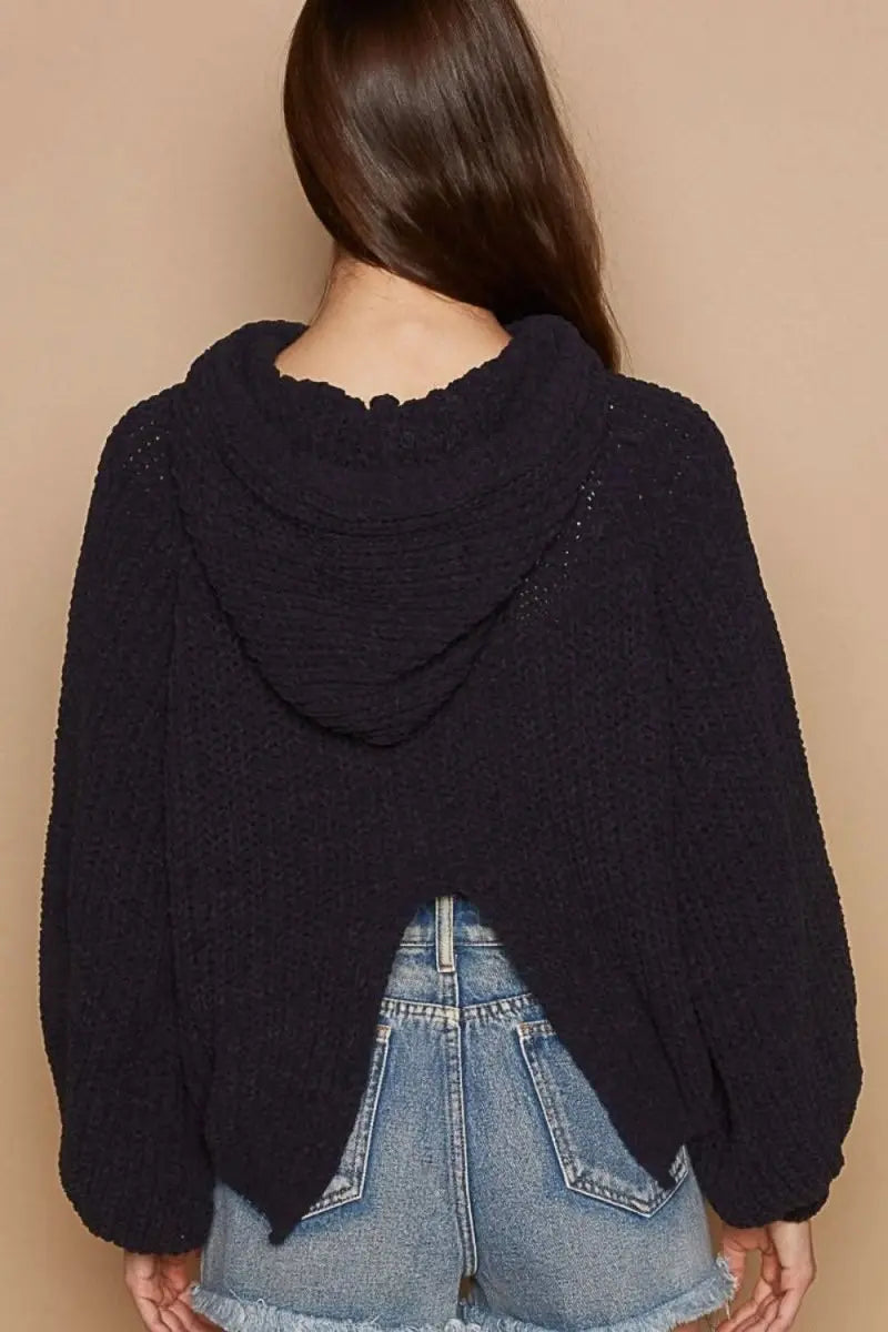 POL Back Open Slit Balloon Sleeve Crop Hooded Sweater - Sleekdenim.com