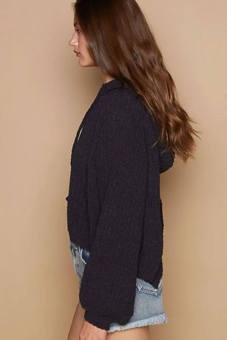 POL Back Open Slit Balloon Sleeve Crop Hooded Sweater - Sleekdenim.com