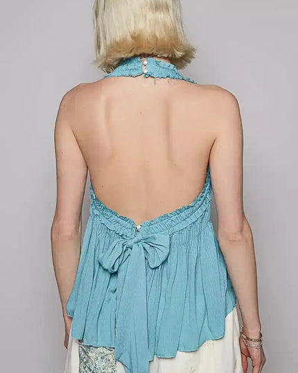 POL Backless Halter Sleeveless Top with Smocking Shirring Detail - Sleekdenim.com