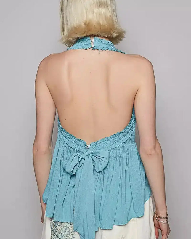 POL Backless Halter Sleeveless Top with Smocking Shirring Detail - Sleekdenim.com