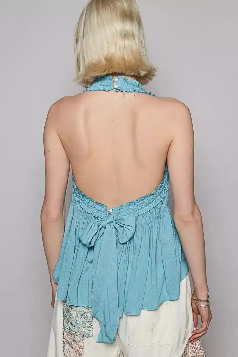 POL Backless Halter Sleeveless Top with Smocking Shirring Detail - Sleekdenim.com