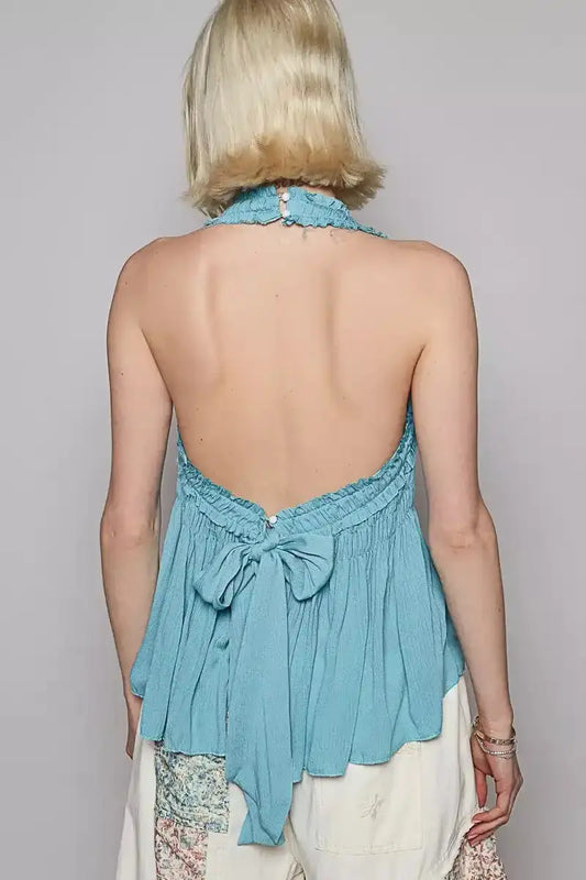 POL Backless Halter Sleeveless Top with Smocking Shirring Detail - Sleekdenim.com
