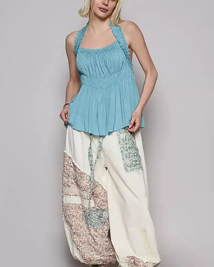 POL Backless Halter Sleeveless Top with Smocking Shirring Detail - Sleekdenim.com