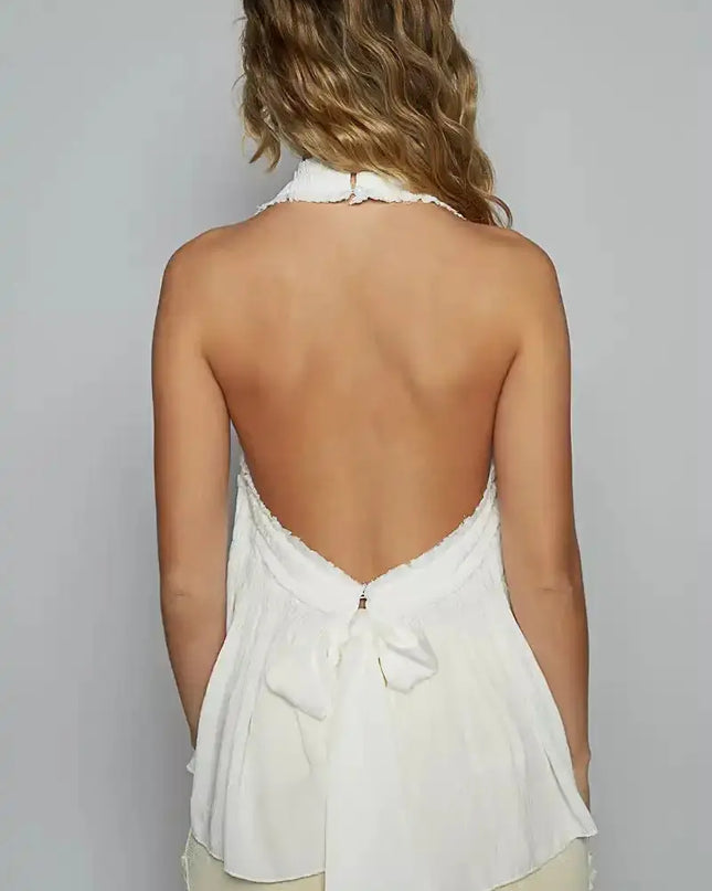 POL Backless Halter Sleeveless Top with Smocking Shirring Detail - Sleekdenim.com