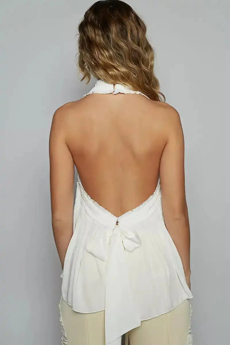 POL Backless Halter Sleeveless Top with Smocking Shirring Detail - Sleekdenim.com