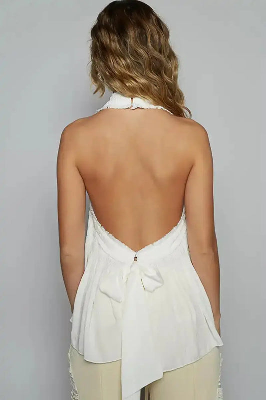 POL Backless Halter Sleeveless Top with Smocking Shirring Detail - Sleekdenim.com