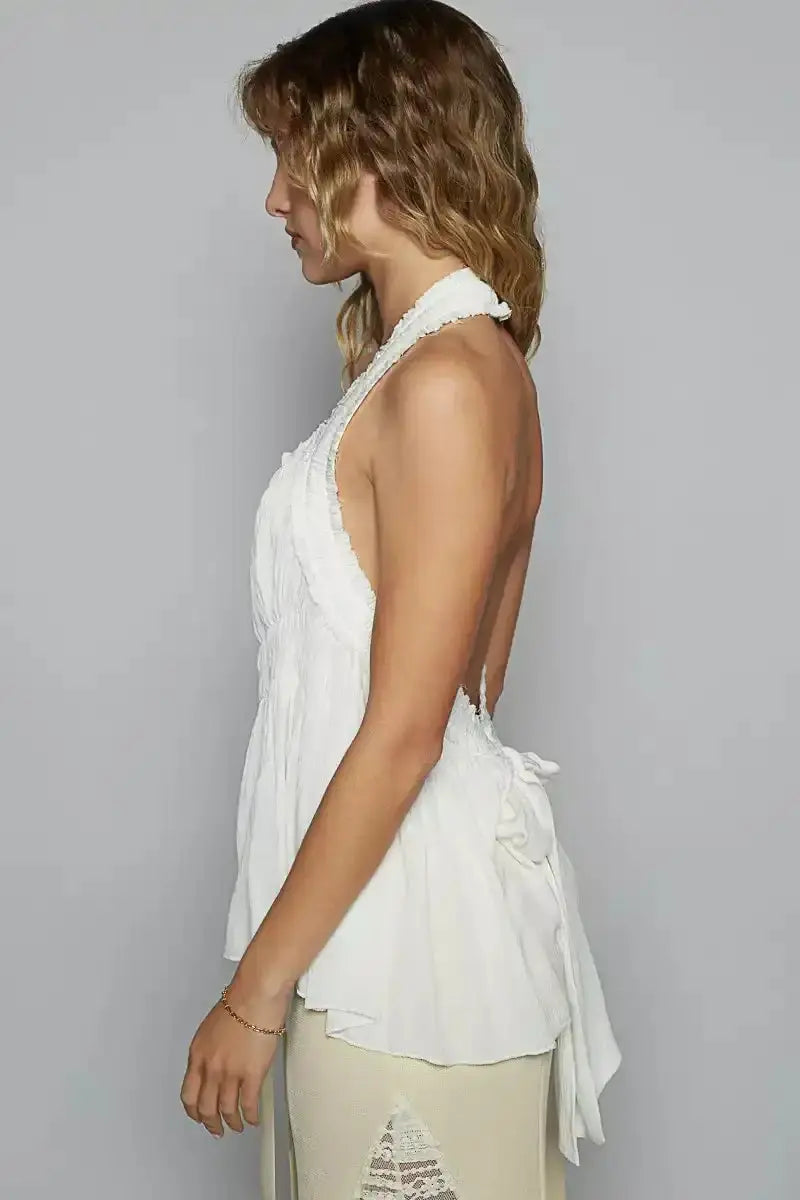 POL Backless Halter Sleeveless Top with Smocking Shirring Detail - Sleekdenim.com