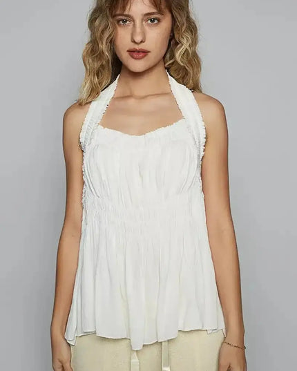 POL Backless Halter Sleeveless Top with Smocking Shirring Detail - Sleekdenim.com