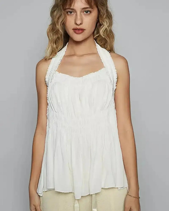 POL Backless Halter Sleeveless Top with Smocking Shirring Detail - Sleekdenim.com