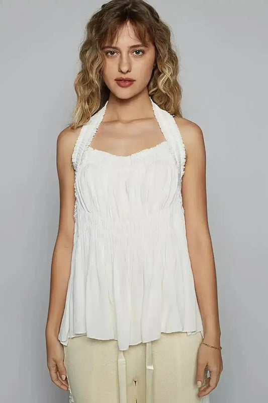 POL Backless Halter Sleeveless Top with Smocking Shirring Detail - Sleekdenim.com