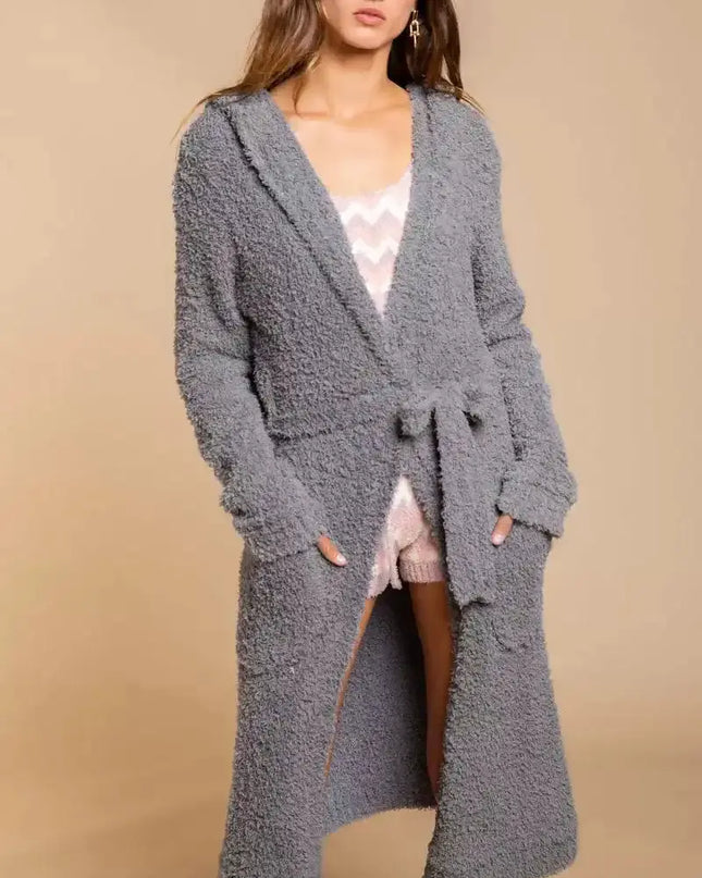 POL Berber fleece Tie Front Tunic Cardigan with Pockets - Sleekdenim.com