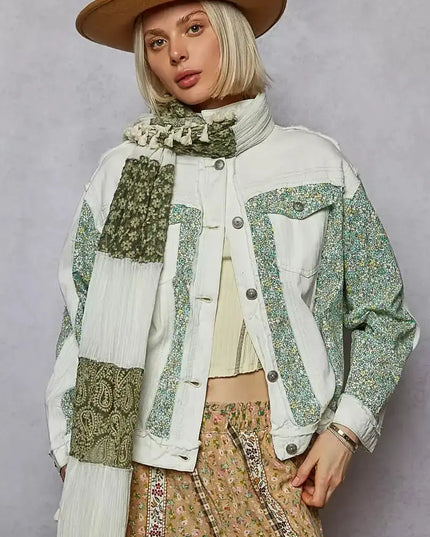 POL Button Down Patchwork Denim Jacket with Floral Print Details - Sleekdenim.com