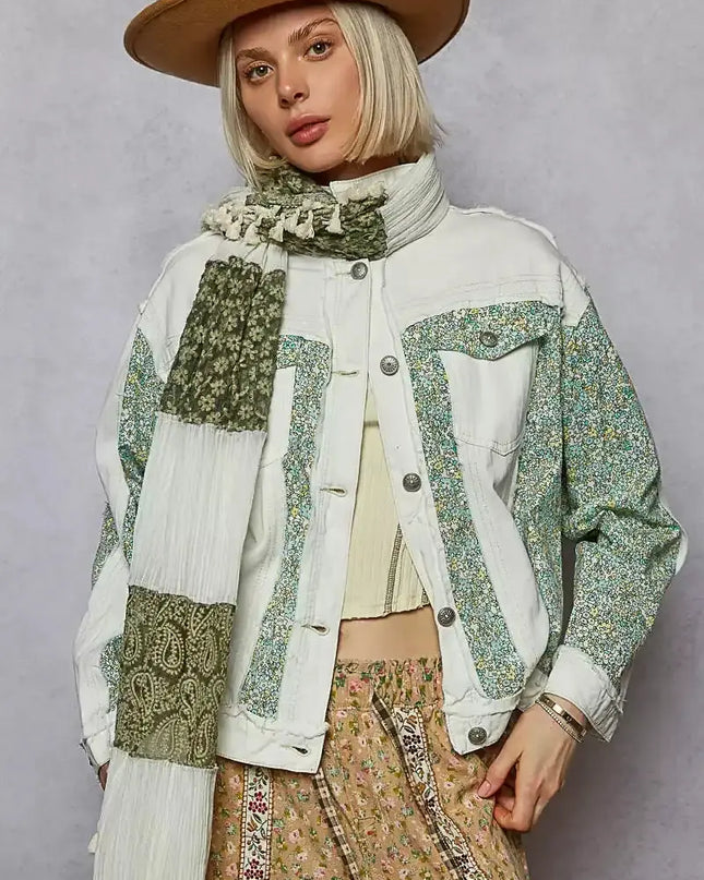 POL Button Down Patchwork Denim Jacket with Floral Print Details - Sleekdenim.com