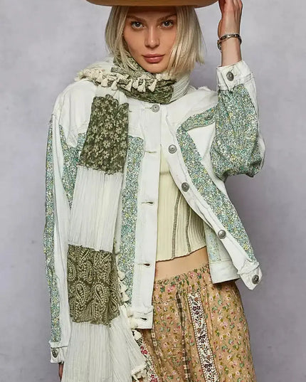 POL Button Down Patchwork Denim Jacket with Floral Print Details - Sleekdenim.com