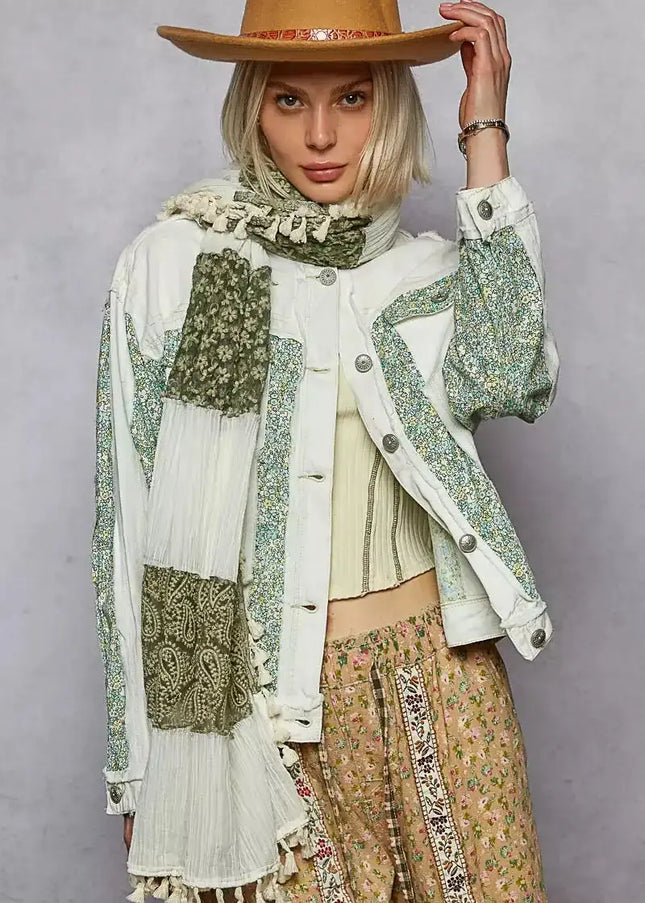 POL Button Down Patchwork Denim Jacket with Floral Print Details - Sleekdenim.com