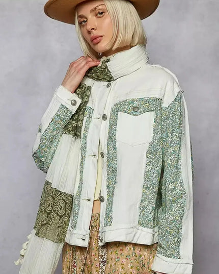 POL Button Down Patchwork Denim Jacket with Floral Print Details - Sleekdenim.com