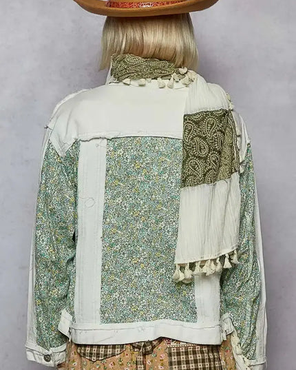 POL Button Down Patchwork Denim Jacket with Floral Print Details - Sleekdenim.com