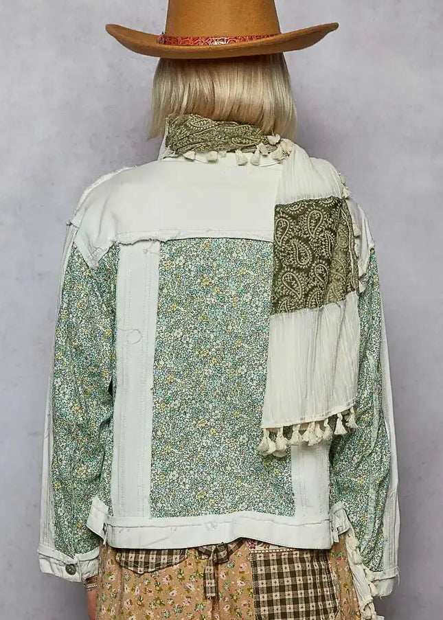 POL Button Down Patchwork Denim Jacket with Floral Print Details - Sleekdenim.com
