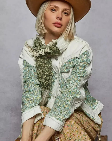 POL Button Down Patchwork Denim Jacket with Floral Print Details - Sleekdenim.com