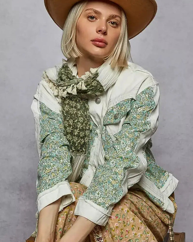 POL Button Down Patchwork Denim Jacket with Floral Print Details - Sleekdenim.com