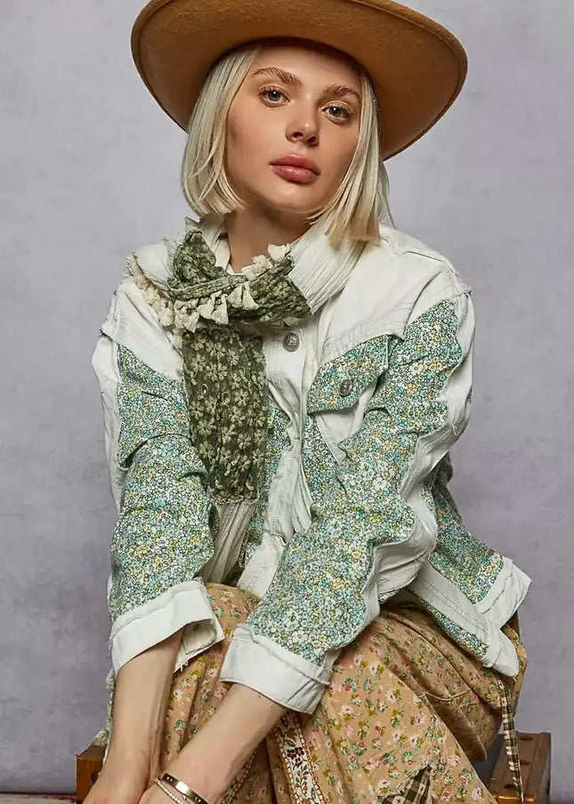 POL Button Down Patchwork Denim Jacket with Floral Print Details - Sleekdenim.com