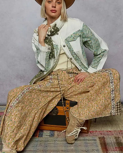 POL Button Down Patchwork Denim Jacket with Floral Print Details - Sleekdenim.com