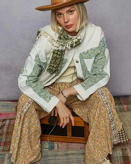POL Button Down Patchwork Denim Jacket with Floral Print Details - Sleekdenim.com