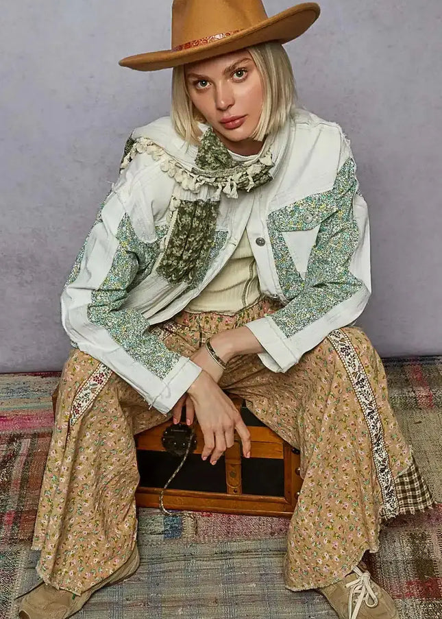 POL Button Down Patchwork Denim Jacket with Floral Print Details - Sleekdenim.com