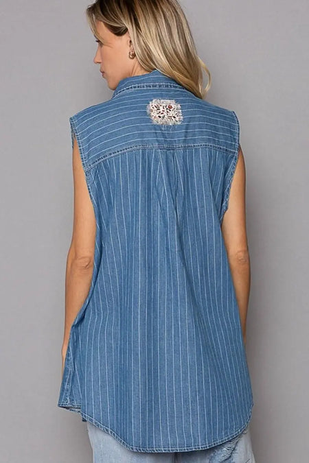 POL Button Down Sleeveless Striped Denim Shirt - Sleekdenim.com