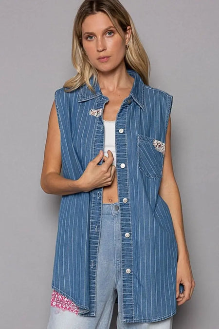 POL Button Down Sleeveless Striped Denim Shirt - Sleekdenim.com