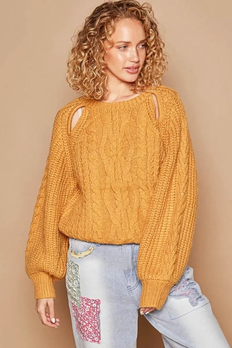 POL Cable Knit Cutout Long Sleeve Sweater - Sleekdenim.com