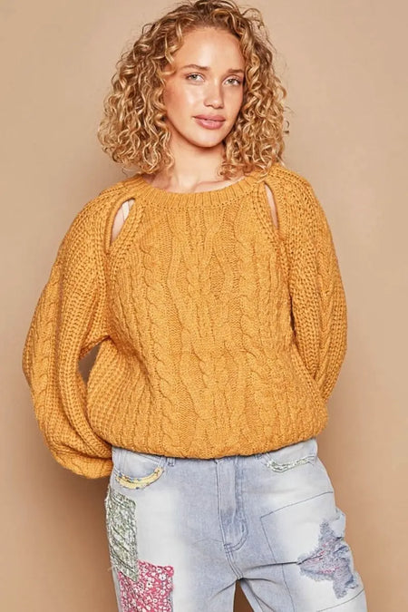 POL Cable Knit Cutout Long Sleeve Sweater - Sleekdenim.com