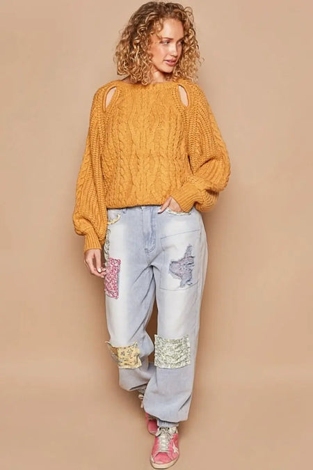 POL Cable Knit Cutout Long Sleeve Sweater - Sleekdenim.com