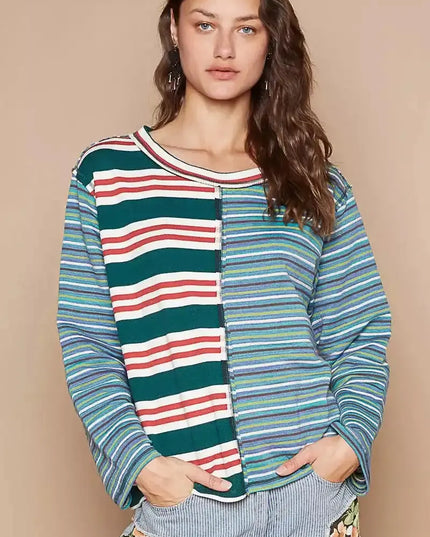 POL Color Block Striped Round Neck Long Sleeve T-Shirt - Sleekdenim.com