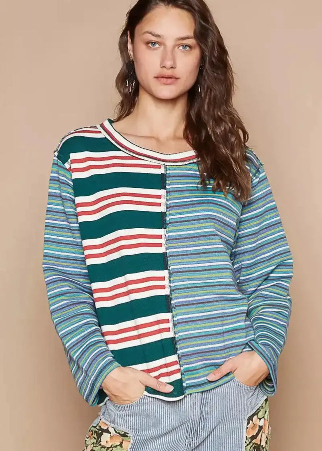 POL Color Block Striped Round Neck Long Sleeve T-Shirt - Sleekdenim.com