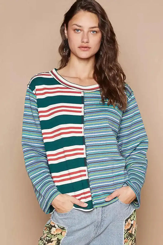 POL Color Block Striped Round Neck Long Sleeve T-Shirt - Sleekdenim.com