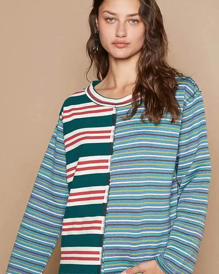 POL Color Block Striped Round Neck Long Sleeve T-Shirt - Sleekdenim.com