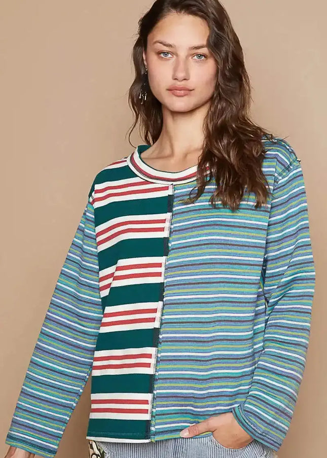 POL Color Block Striped Round Neck Long Sleeve T-Shirt - Sleekdenim.com
