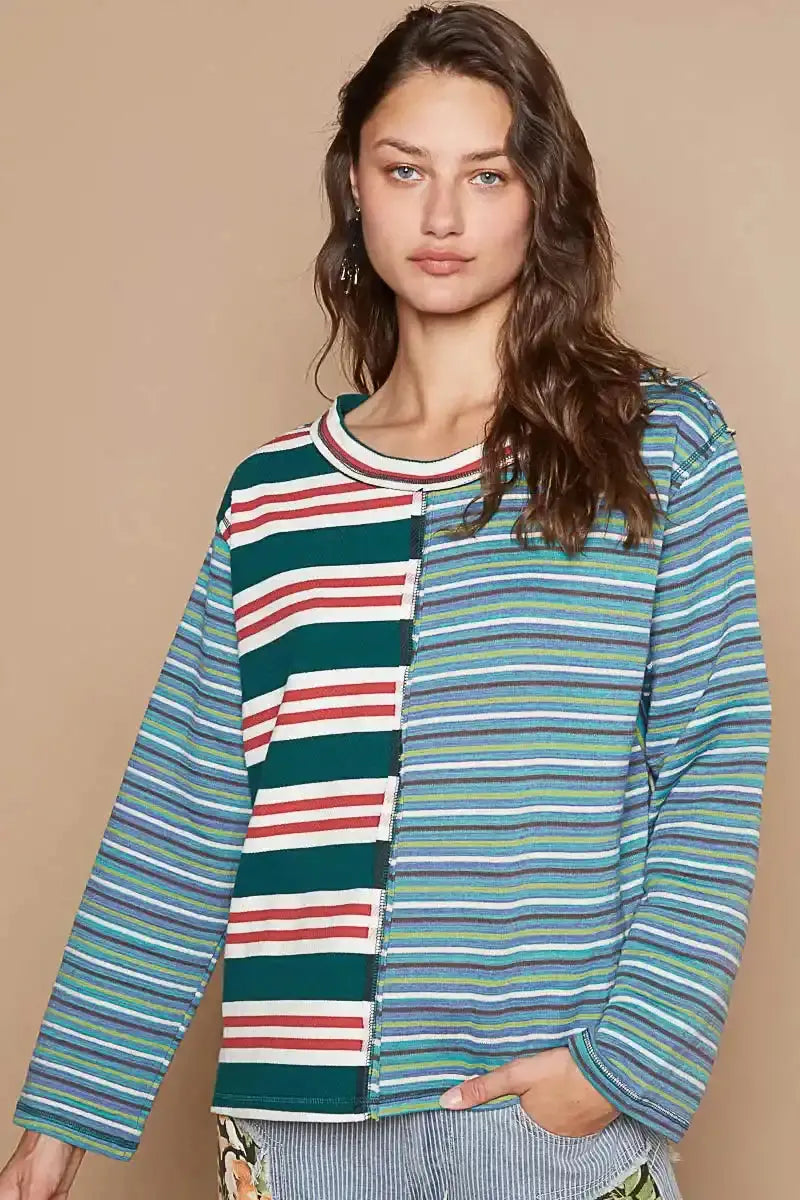 POL Color Block Striped Round Neck Long Sleeve T-Shirt - Sleekdenim.com