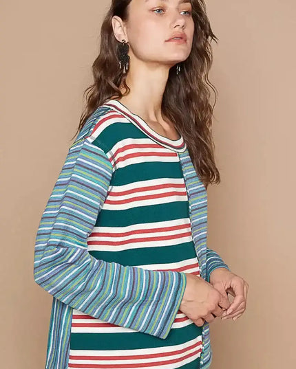 POL Color Block Striped Round Neck Long Sleeve T-Shirt - Sleekdenim.com