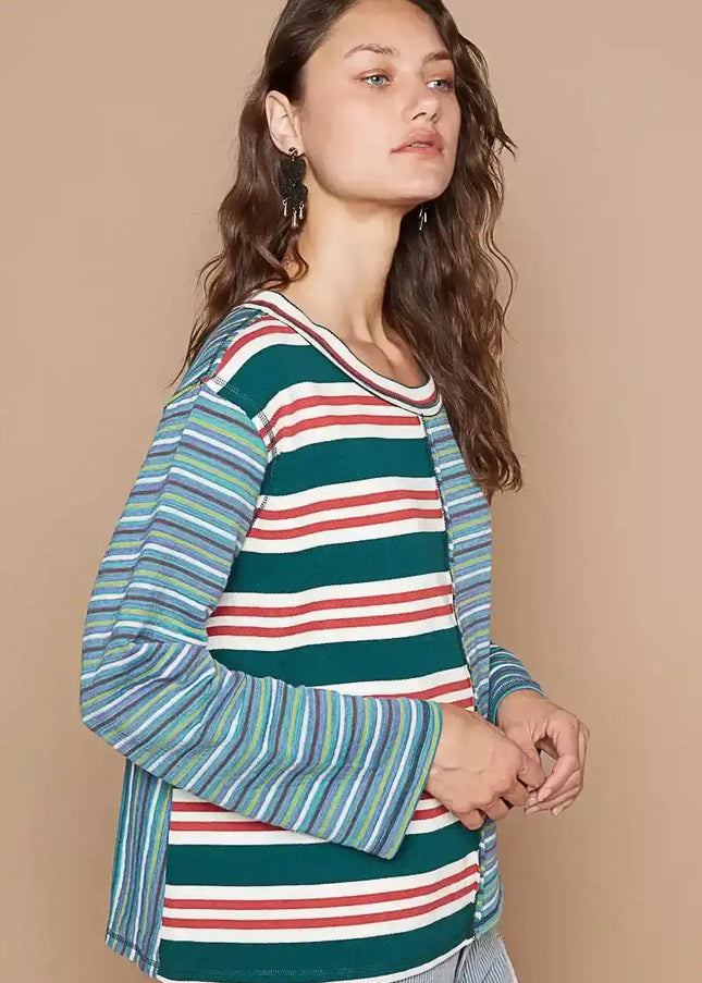 POL Color Block Striped Round Neck Long Sleeve T-Shirt - Sleekdenim.com