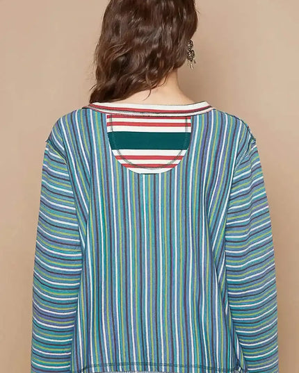 POL Color Block Striped Round Neck Long Sleeve T-Shirt - Sleekdenim.com