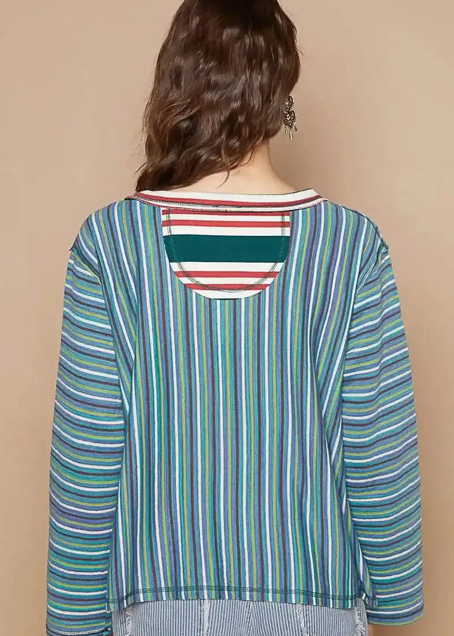 POL Color Block Striped Round Neck Long Sleeve T-Shirt - Sleekdenim.com
